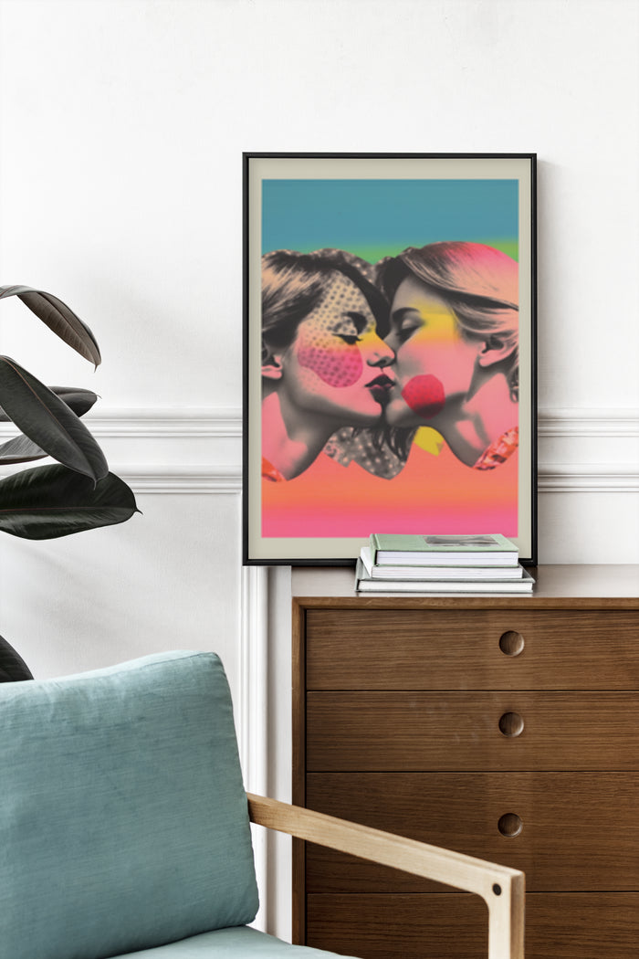 Modern pop art style artwork featuring two faces with dotted texture on cheeks in a home interior setting
