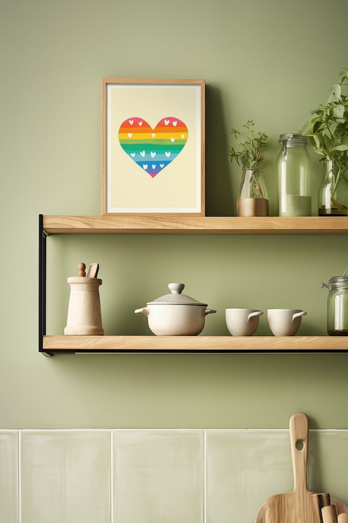 Modern kitchen interior with colorful rainbow heart poster on shelf
