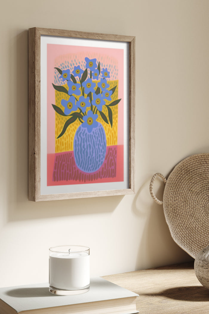 Framed poster of a colorful still life artwork with blue vase and yellow flowers on a home wall