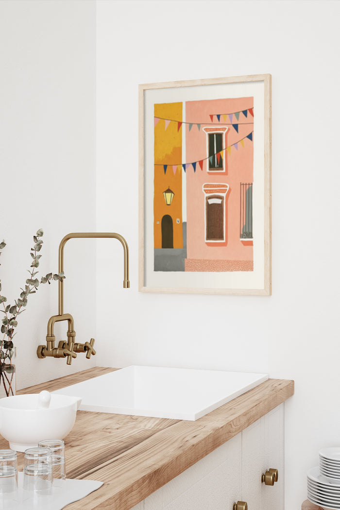 Colorful artistic poster of a street festival with flags and vintage buildings in a stylish bathroom decor