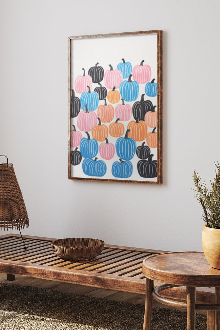 Colorful striped pumpkins illustration art print displayed on home interior wall