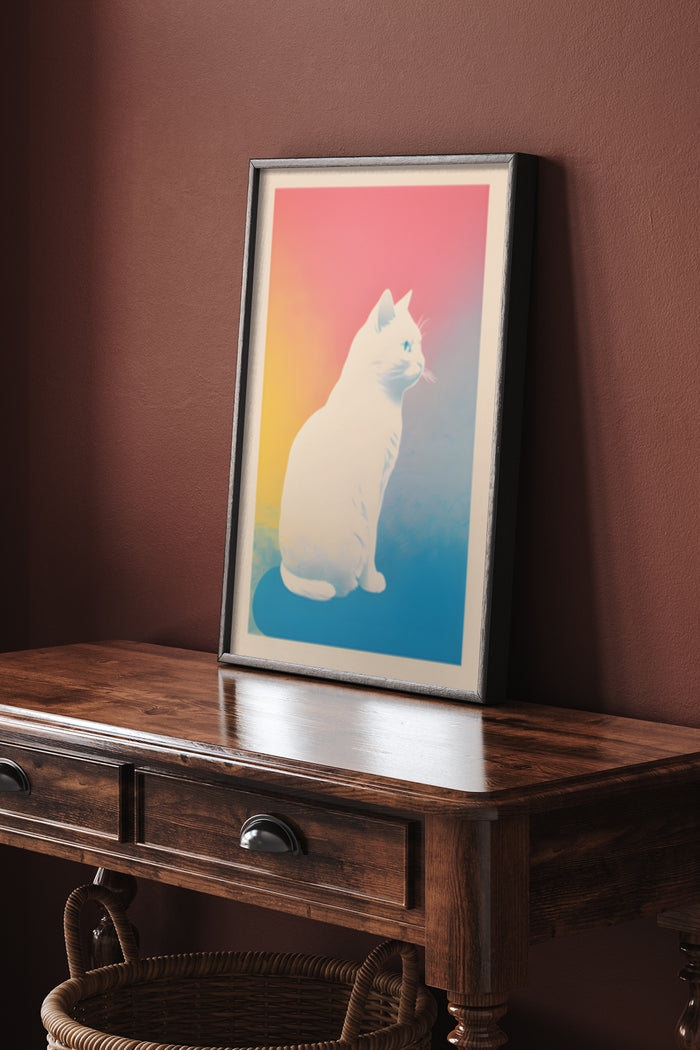 Stylized colorful poster of a cat at sunset on display