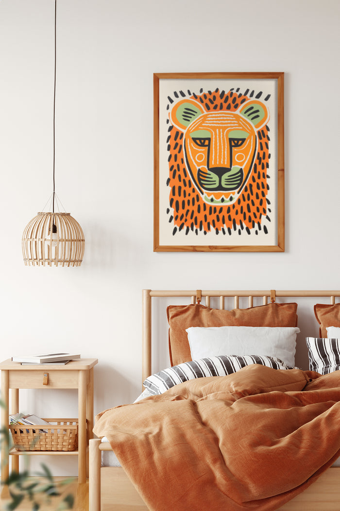 Colorful Tribal Lion Artwork Poster Hanging in Modern Bedroom Interior