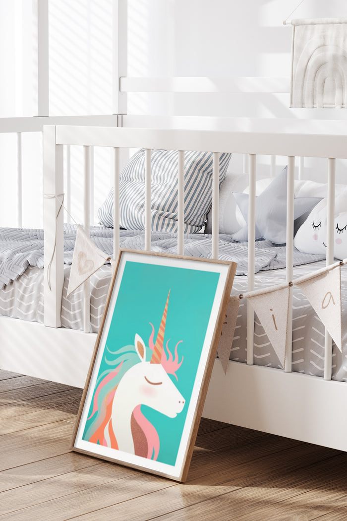 Colorful unicorn poster leaning against a white crib in a modern kids' bedroom interior