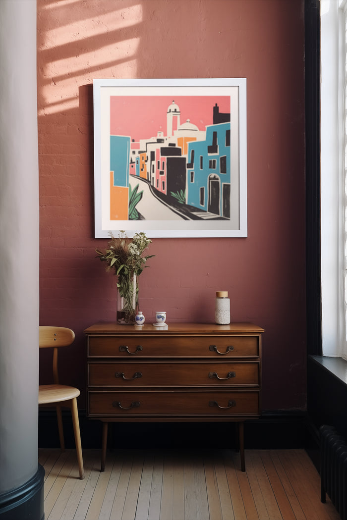 Colorful abstract urban landscape poster in a stylish interior setting with vintage wooden dresser and vase