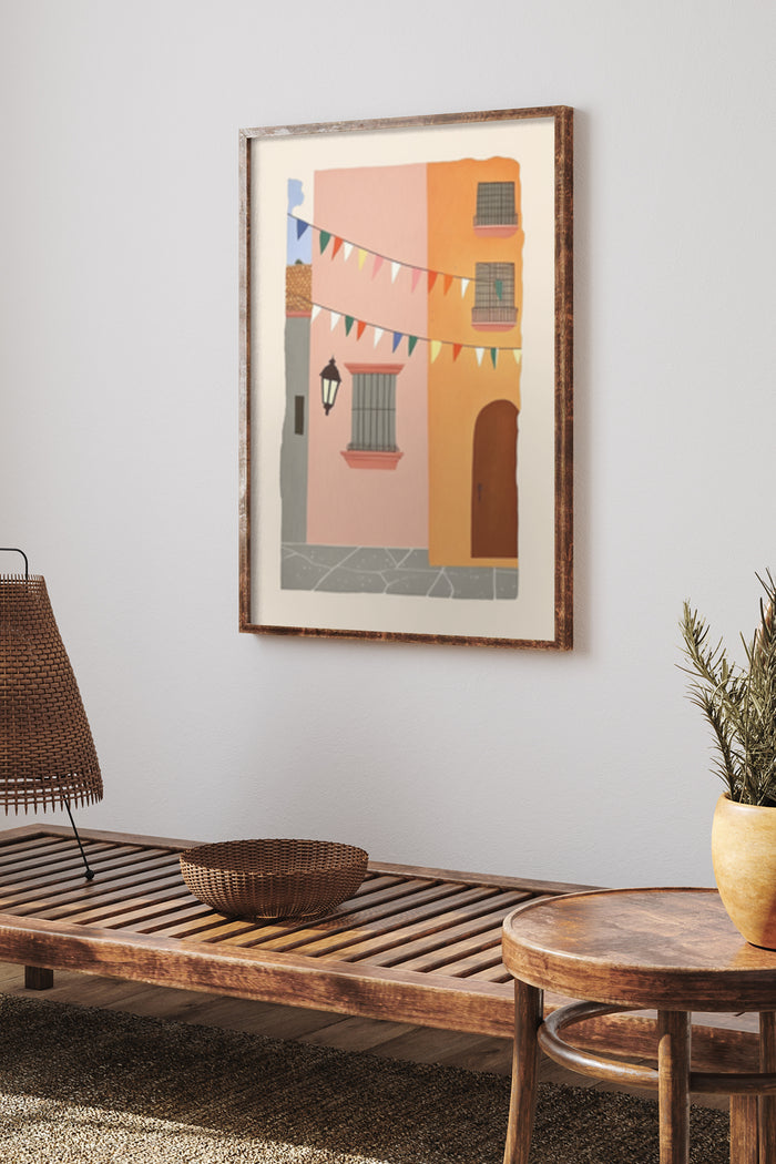 A framed poster on a wall depicting a colorful urban street with festival bunting