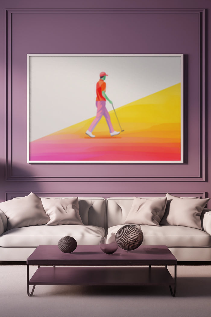 Modern abstract poster featuring a stylized figure walking on colorful geometric background, displayed above a neutral-toned sofa in a stylish room