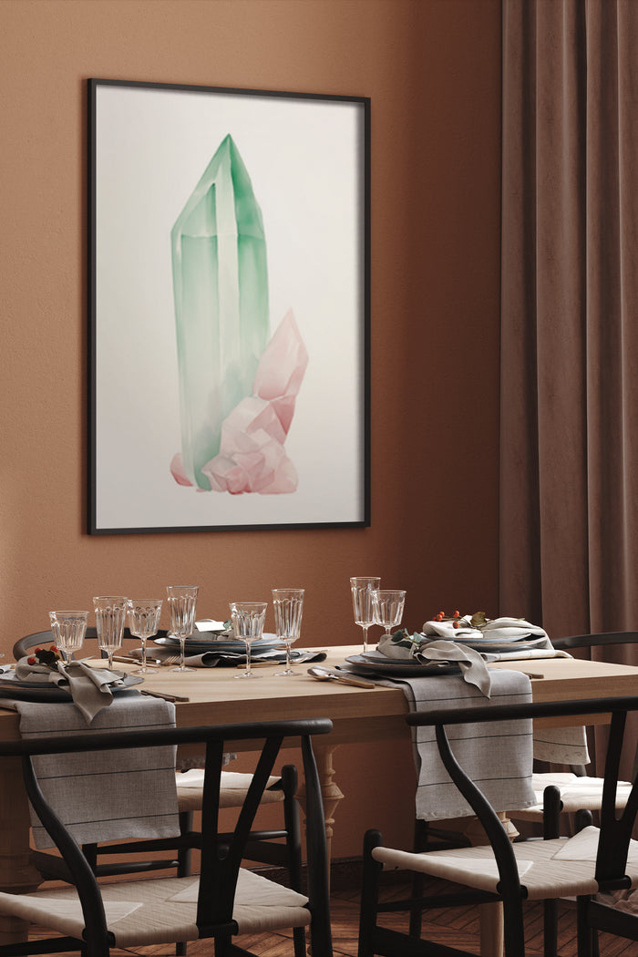 Modern dining room with contemporary art poster featuring a large green crystal and smaller pink crystal