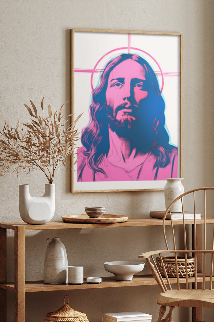 Modern interpretation of religious figure poster in stylish home interior with decorative vase and wooden shelves