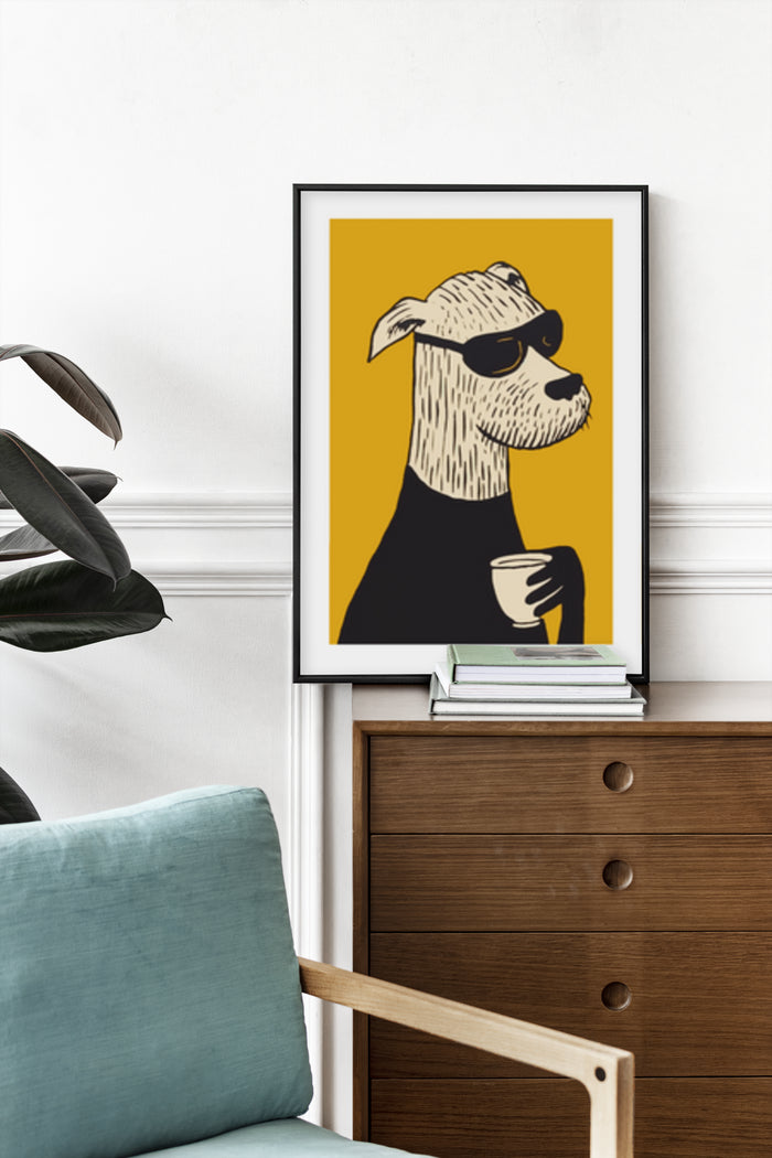 Illustration of a stylish dog wearing sunglasses and holding a cup, modern artwork poster in room setting