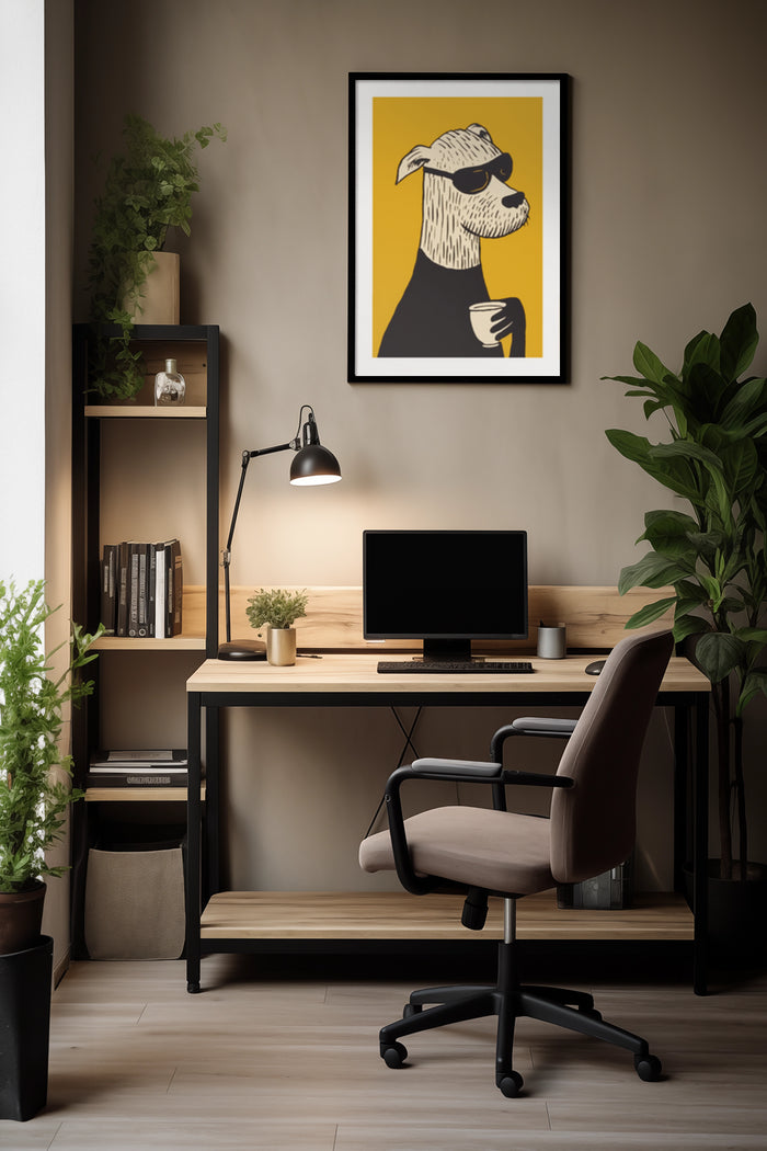 Hipster dog with sunglasses poster in a stylish home office