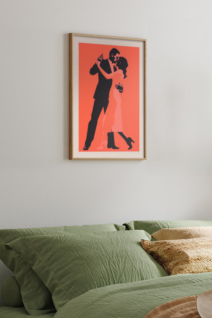 Minimalist couple dancing silhouette poster in bedroom decor setting