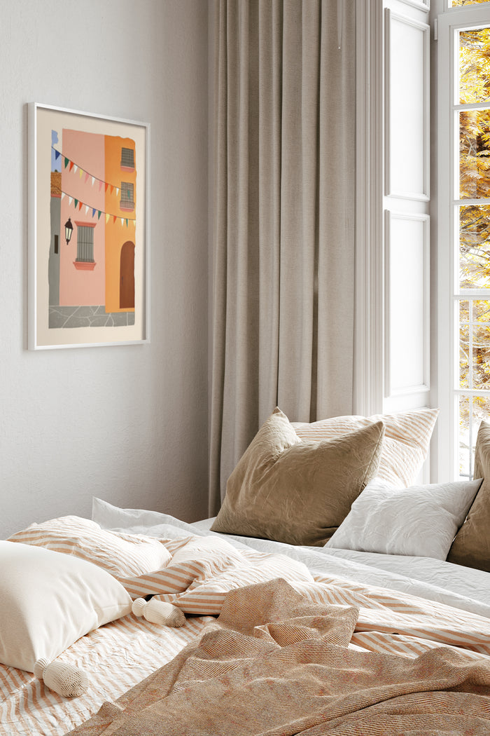 Modern bedroom interior with framed poster depicting a colorful abstract street scene