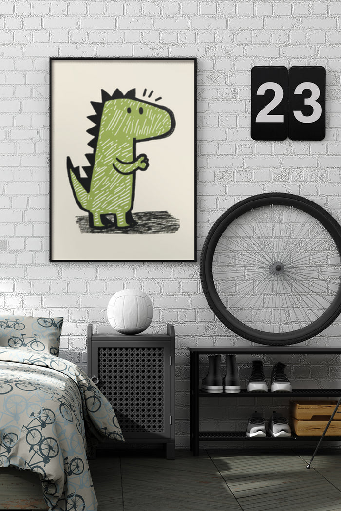 Cartoon dinosaur illustration on a poster, bedroom wall decoration concept with modern interior design