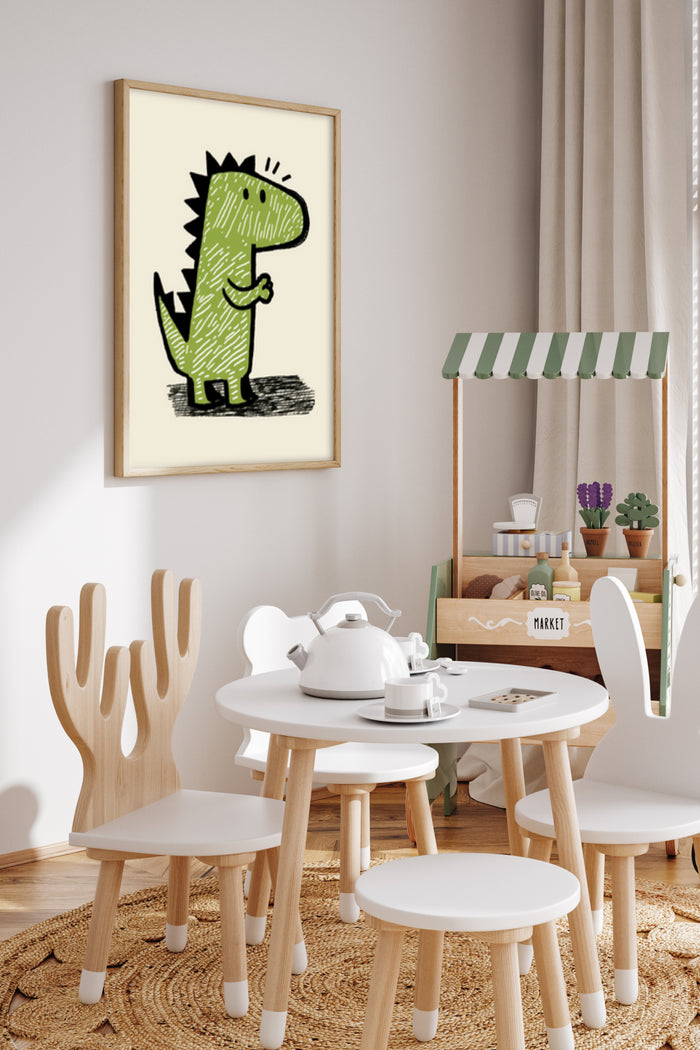 Cute green dinosaur cartoon poster framed on wall in a children's playroom with wooden furniture and toys