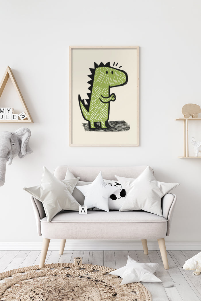 Children's room with a framed poster of a cute green dinosaur cartoon artwork on the wall