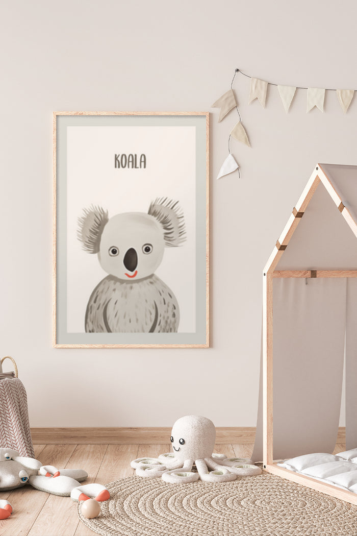 Cartoon koala poster framed in a child's bedroom with playful decor
