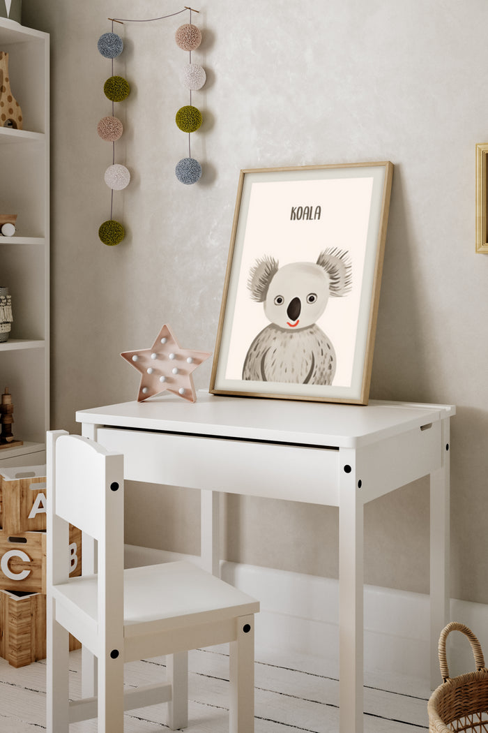 Illustration of a cute koala on a poster framed on a white table in a children's room