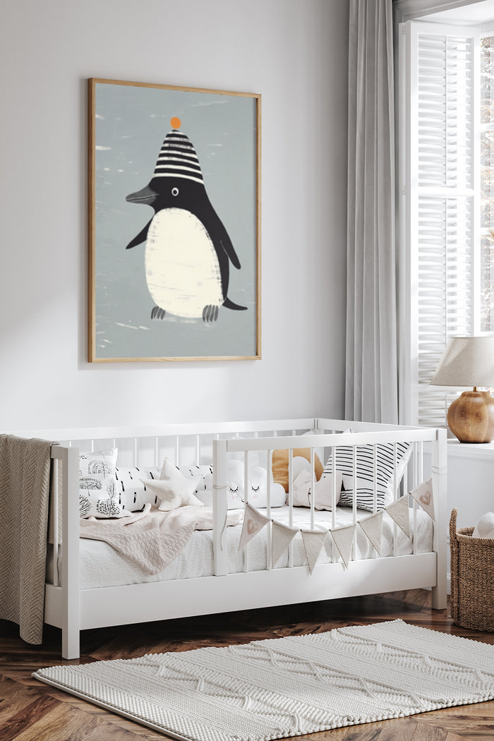 Cute illustrated penguin with striped hat poster framed in a modern baby's room