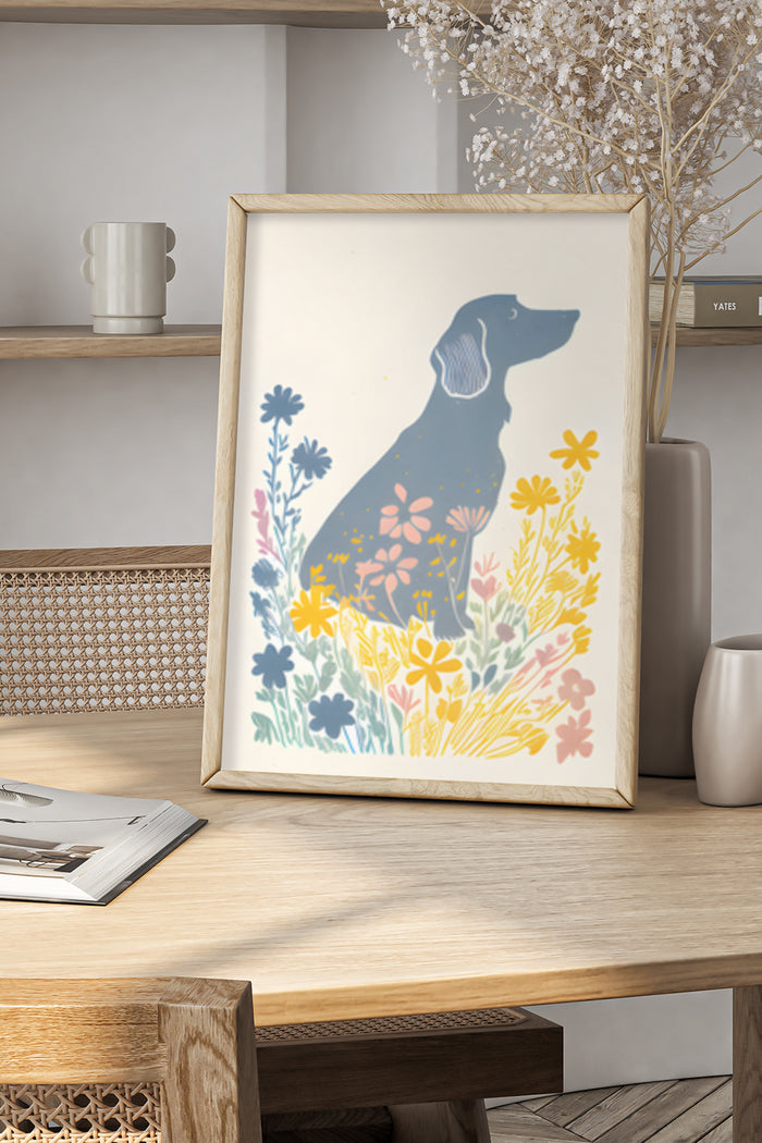 Dog silhouette with colorful floral background art poster in a wooden frame