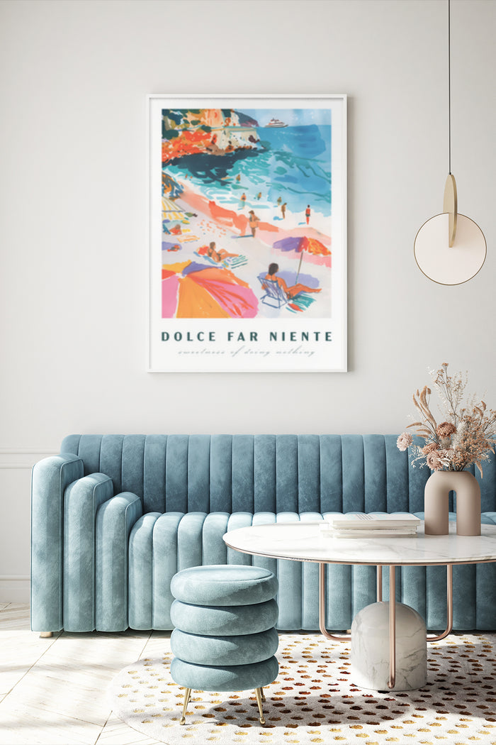 Dolce Far Niente beach poster illustration depicting leisurely seaside life