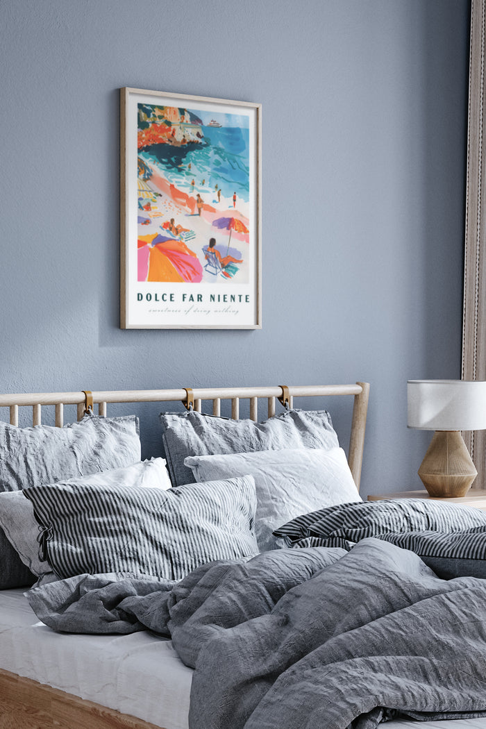 Dolce Far Niente vintage travel poster depicting a colorful beach scene in a bedroom setting
