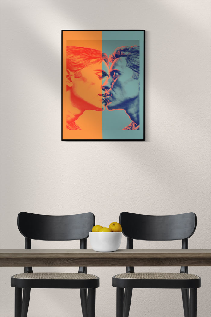 Dual-tone orange and blue portrait art poster displayed in a contemporary room setting