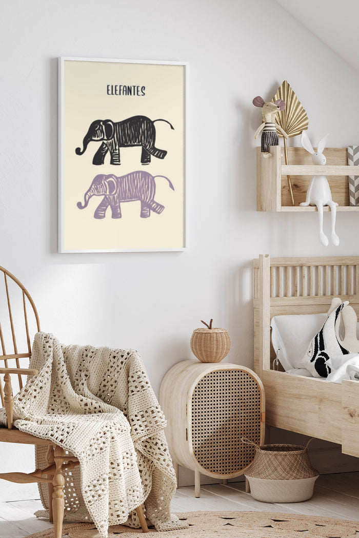 Elefantes illustrated poster featuring two elephants in a stylish nursery room