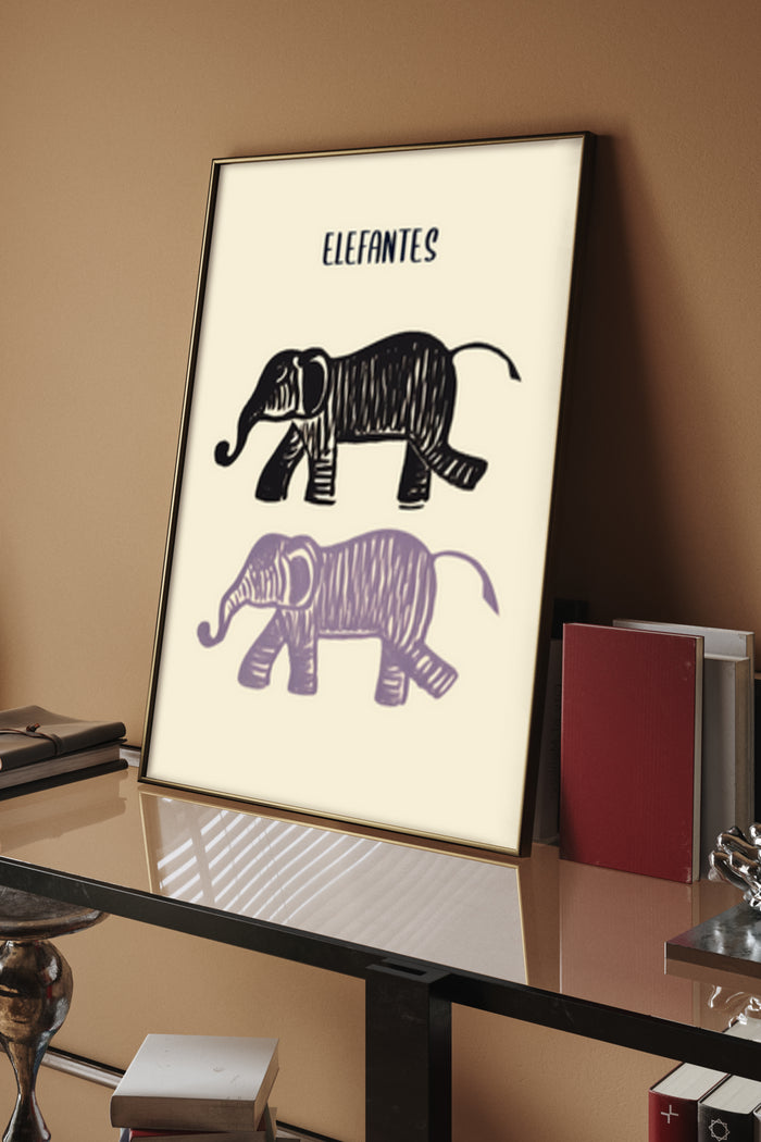 Minimalist Elefantes Art Poster with Two Stylized Elephants