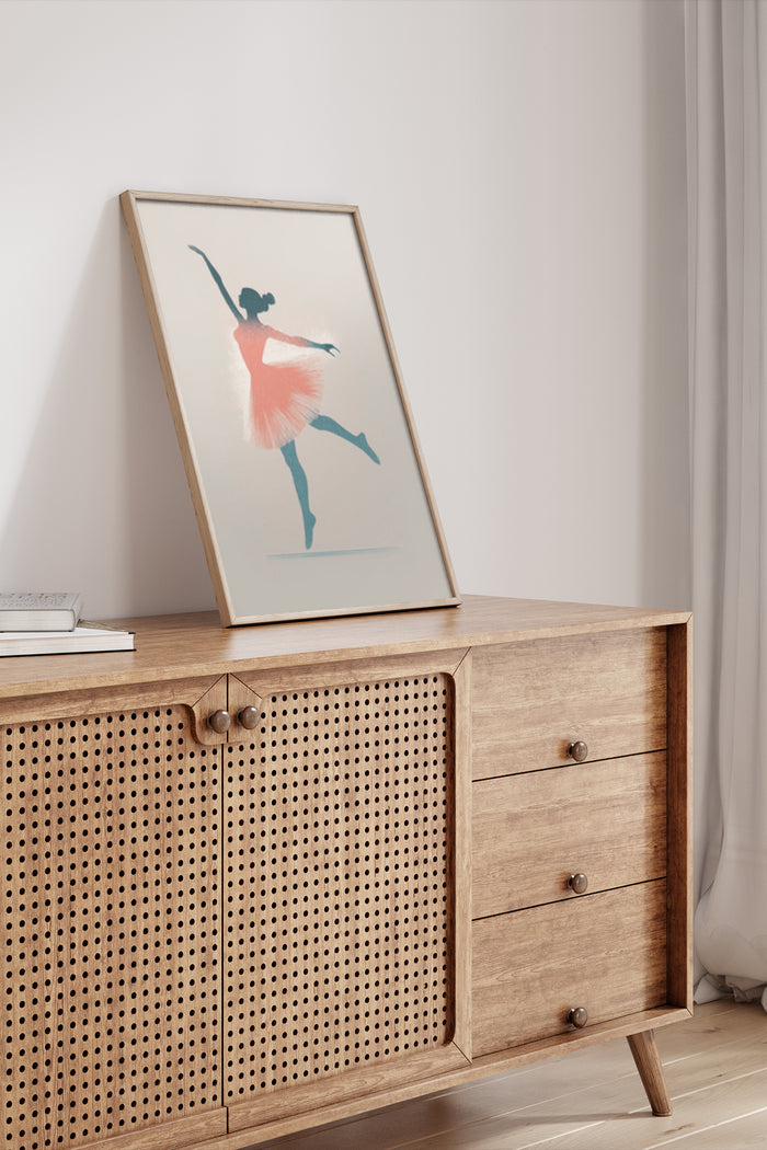 Abstract elegant ballerina painting poster framed and displayed on a wooden sideboard