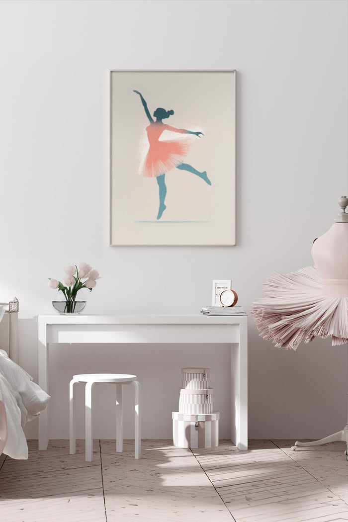 Elegant ballerina artwork displayed above a white console table in a modern bedroom setting