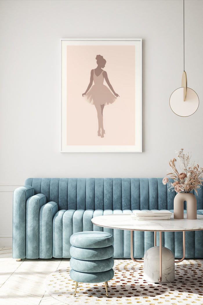 Elegant ballerina silhouette poster framed on the wall in contemporary living room interior design