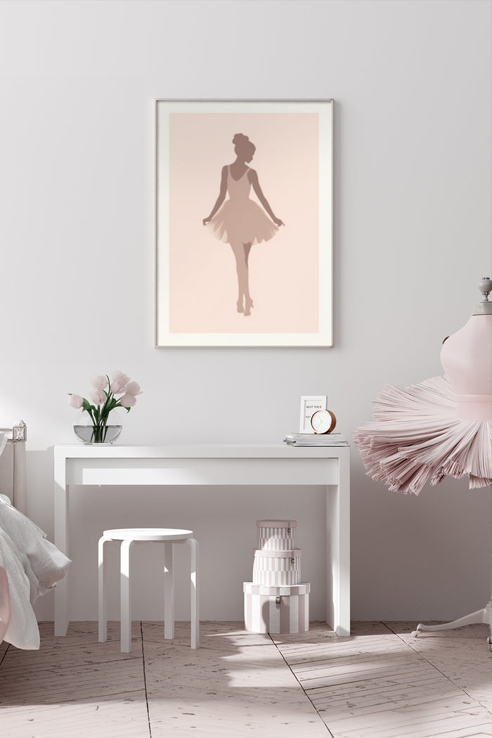 Elegant ballerina silhouette poster displayed above a white desk in a modern bedroom interior