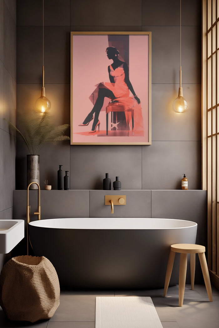 Stylish poster of a woman in a chic dress sitting in an elegant bathroom
