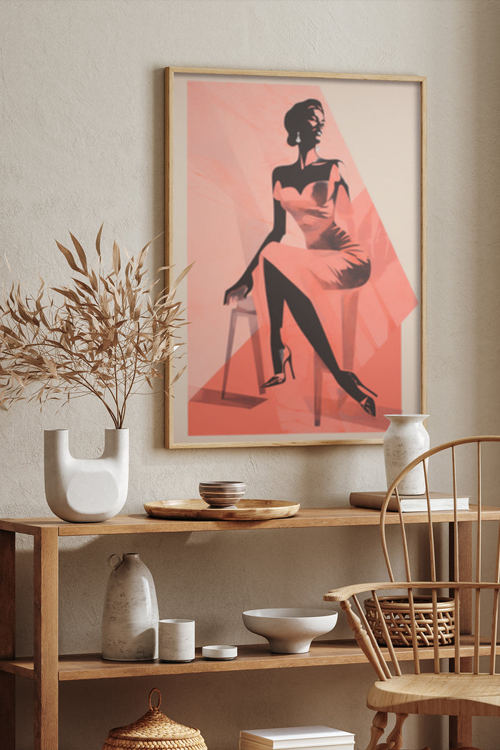 Stylish vintage fashion artwork in peach tones displayed in a contemporary home setting
