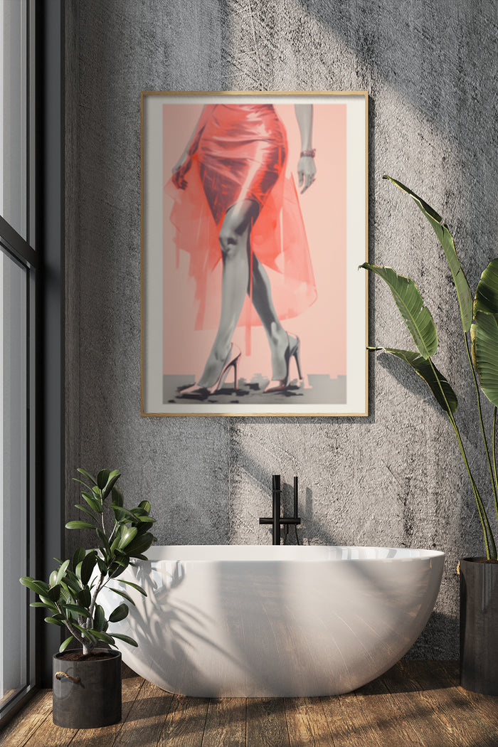 Elegant red dress fashion artwork poster displayed above bathtub in a contemporary bathroom setting