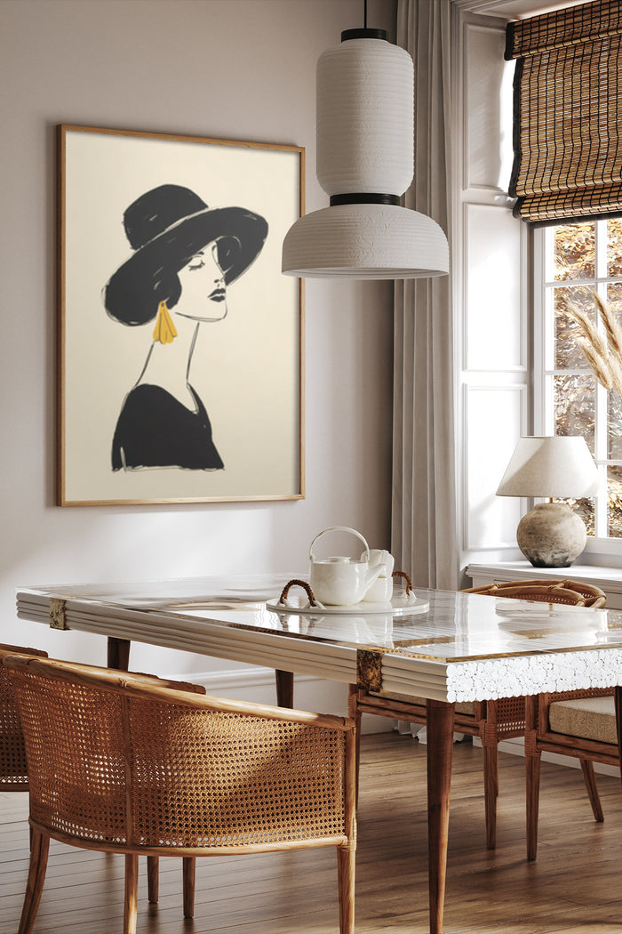 Elegant vintage fashion portrait poster on wall in stylish dining room interior with natural light