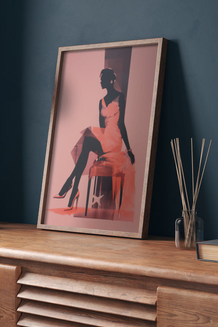 Elegant fashion poster featuring a stylish woman silhouette seated in an artistic pose with high heels