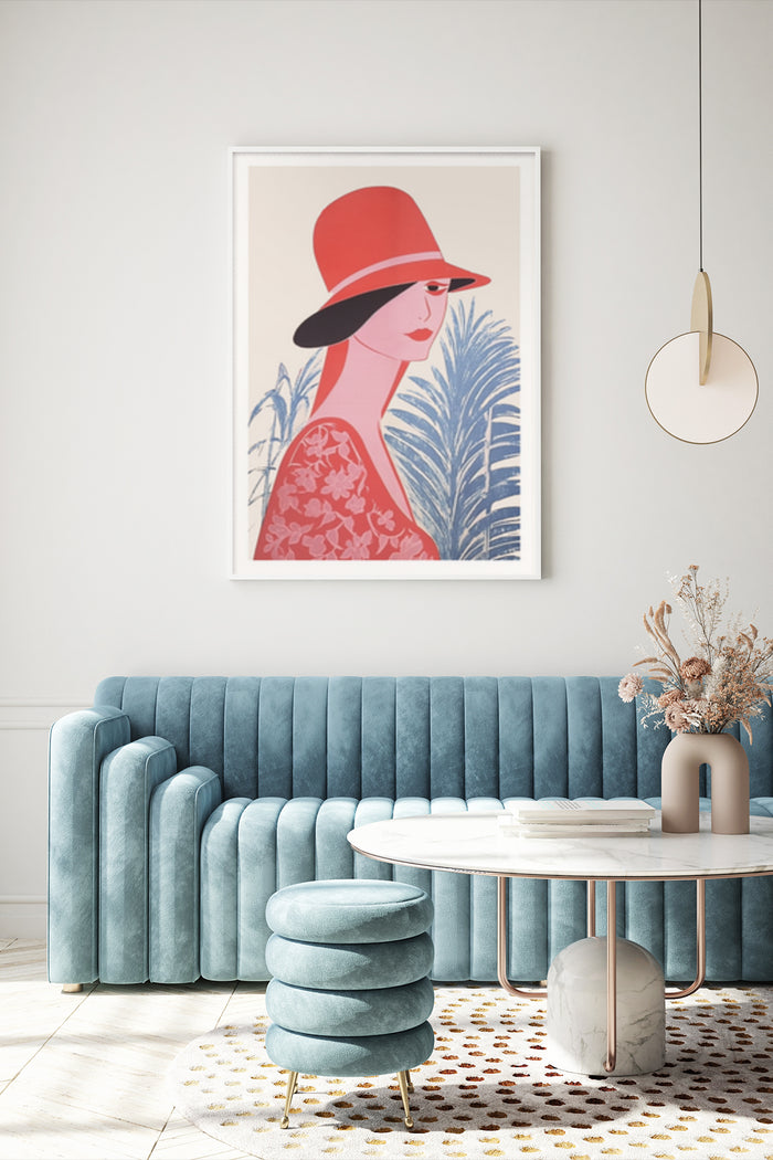 Stylish Interior with Elegant Lady in Red Hat Artwork Poster