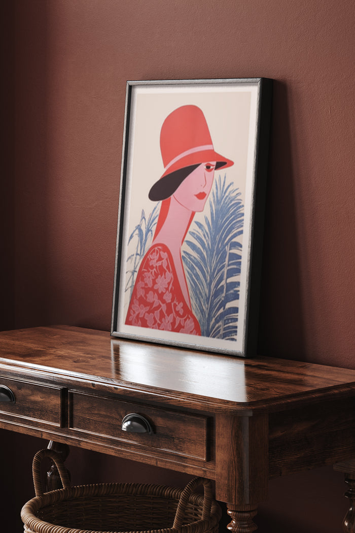 Vintage poster of an elegant lady with a red hat and floral pattern dress in an interior setting