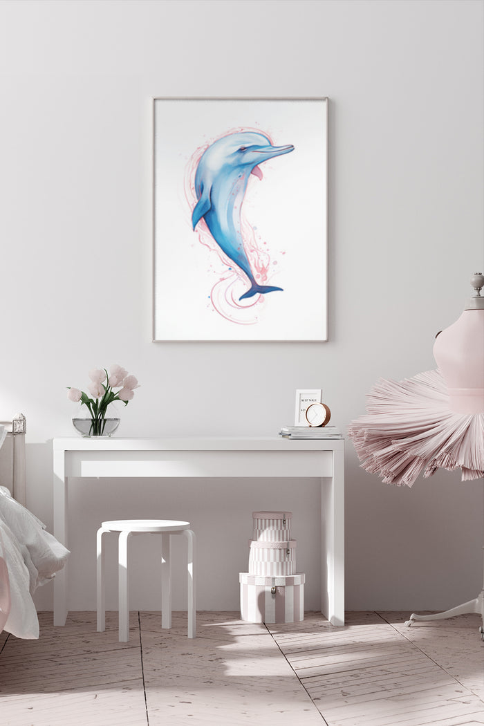 Elegant blue dolphin jumping with watercolor splash poster in contemporary room setting