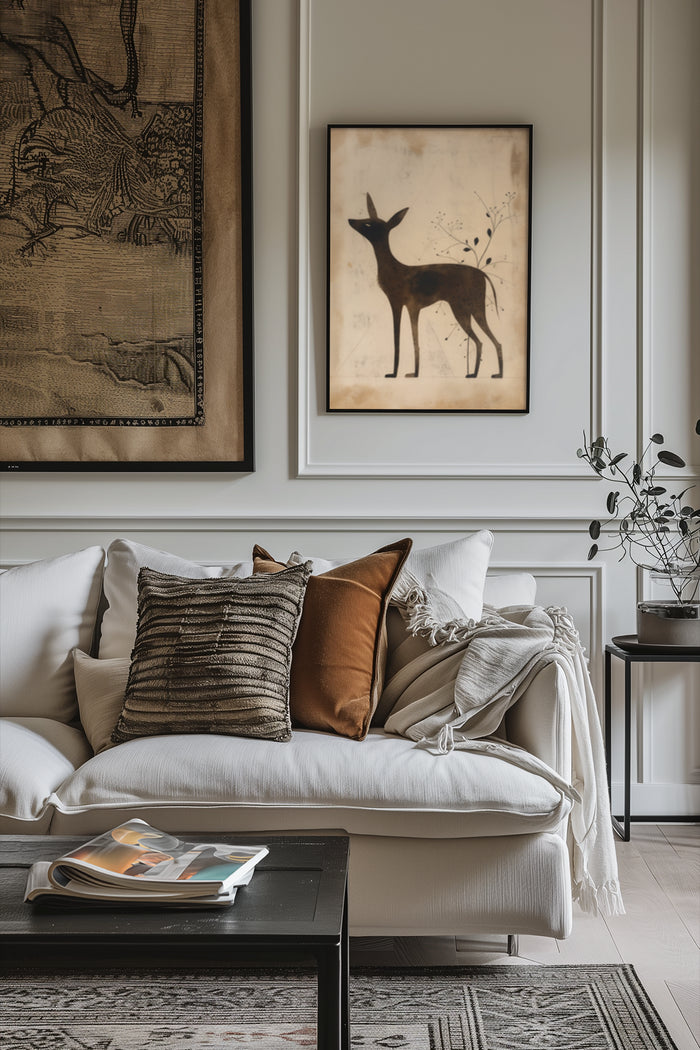 Contemporary living room interior with a framed deer poster on the wall, stylish sofa with decorative pillows, and a modern side table with plant