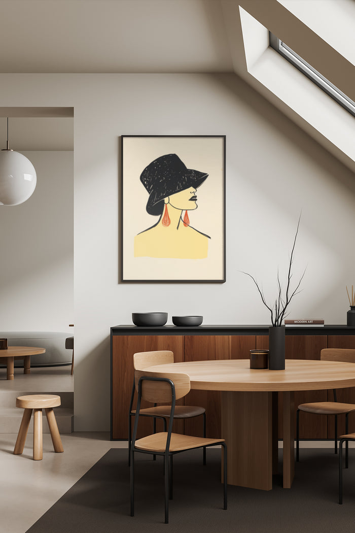 Elegant minimalist poster featuring a stylized woman in a black hat as art decor in a modern dining room