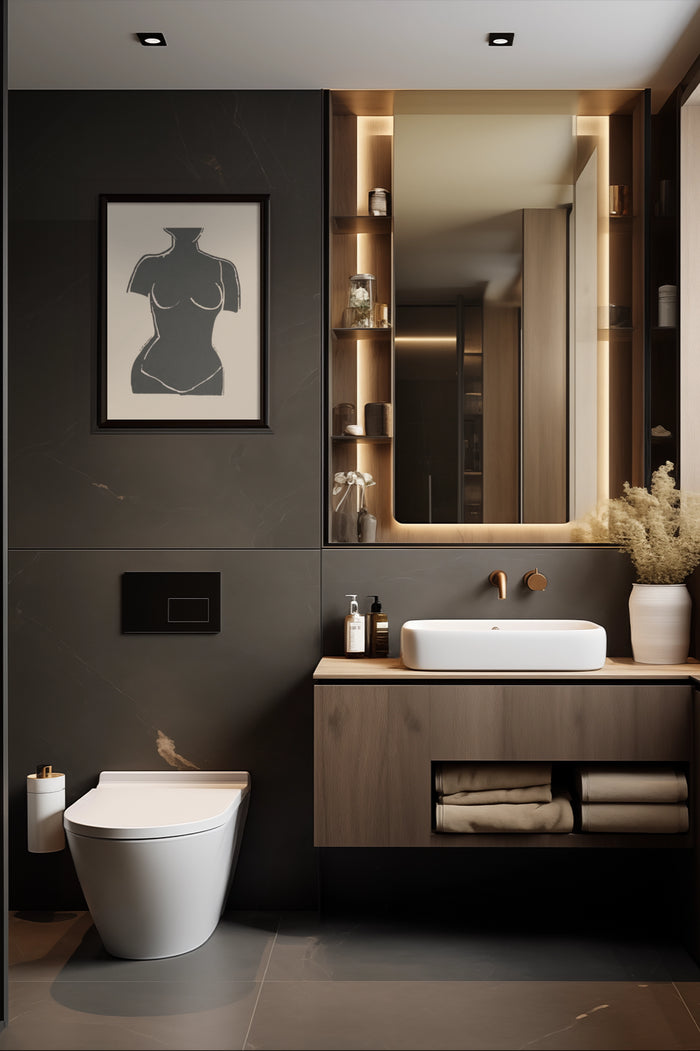 Modern bathroom design with black marble tiles featuring elegant framed figure silhouette poster on wall