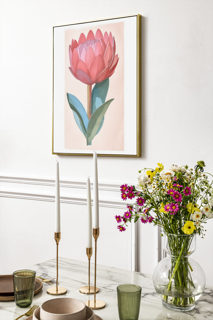 Elegant pink protea flower illustration in a framed poster on a stylish dining room wall