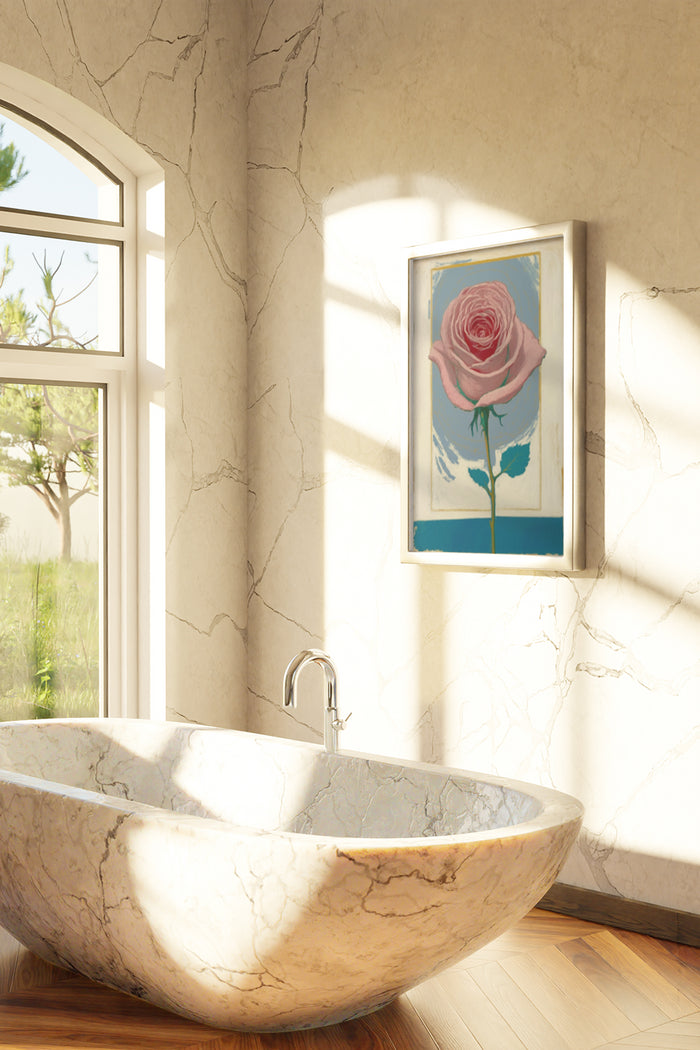 Elegant pink rose poster on the wall of a sophisticated bathroom with marble tub and sunlit window