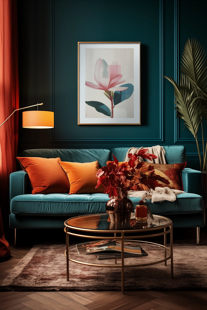 Contemporary living room with teal velvet sofa, stylish floral poster on wall, and chic interior decor