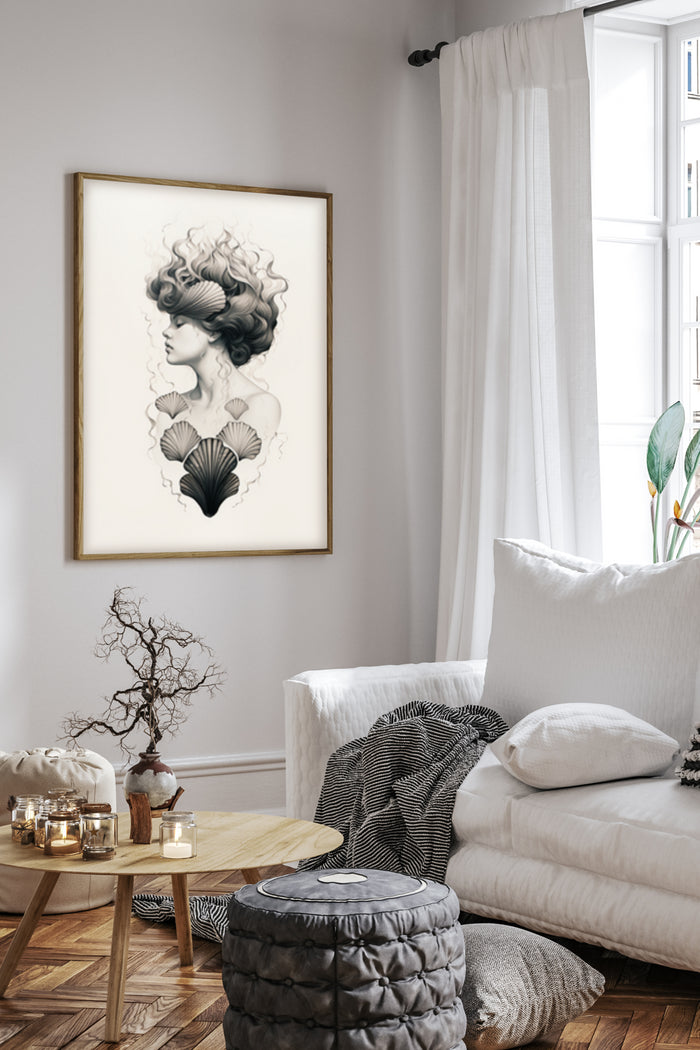Vintage style poster with an elegant woman and seashell artwork in a modern living room setting