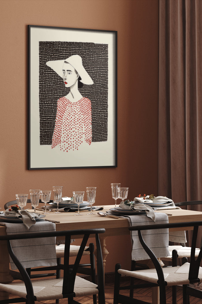 Contemporary art poster of an elegant woman wearing a hat, displayed in a modern dining room setting