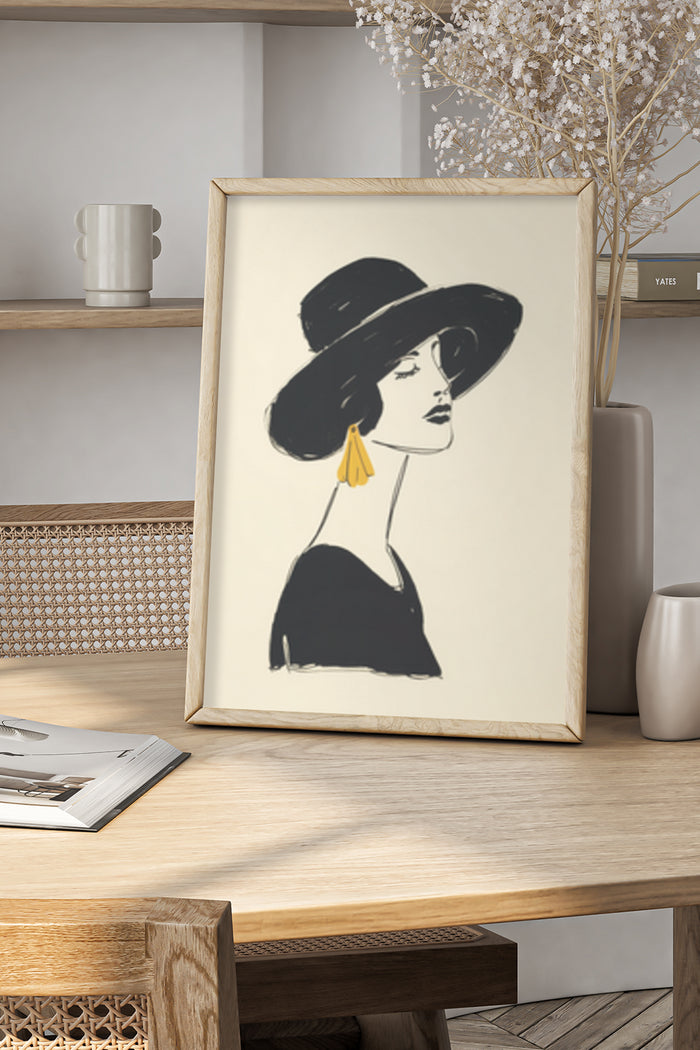 Stylish portrait of an elegant woman in a black hat with a minimalist art style framed poster on a home interior shelf